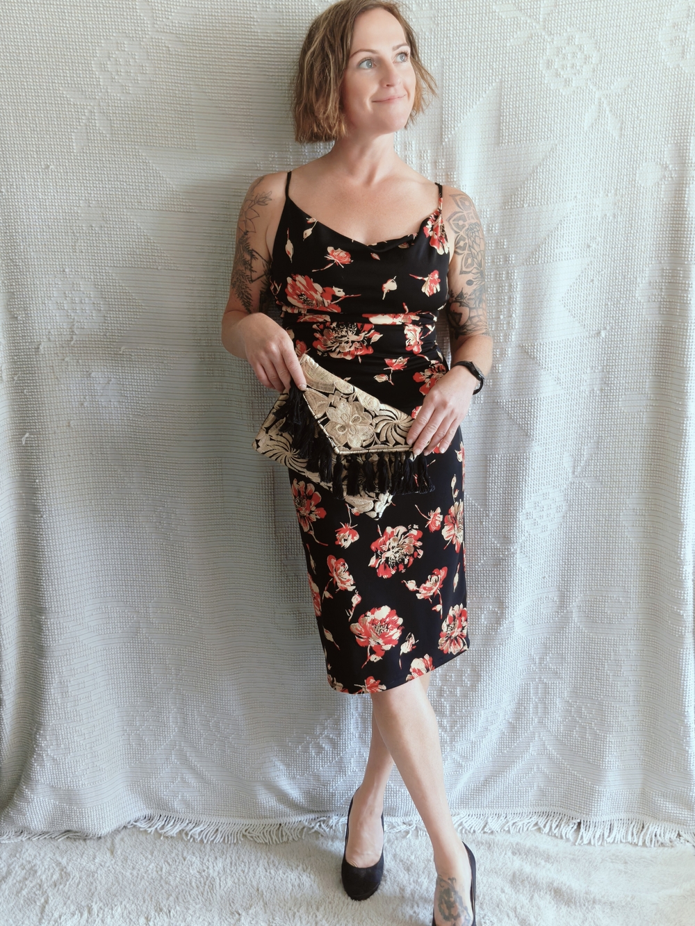 Ruby | Black+Red Floral Cowl Neck Ruched Midi Dress | Vampy Goth | Size Medium